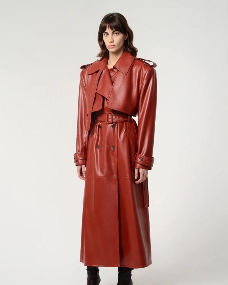 Embrace Bold Elegance! Red Lambskin Leather Trench Coat