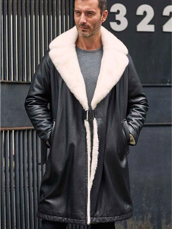 Men's Black Shearling Fur Leather Trench Coat with Hood