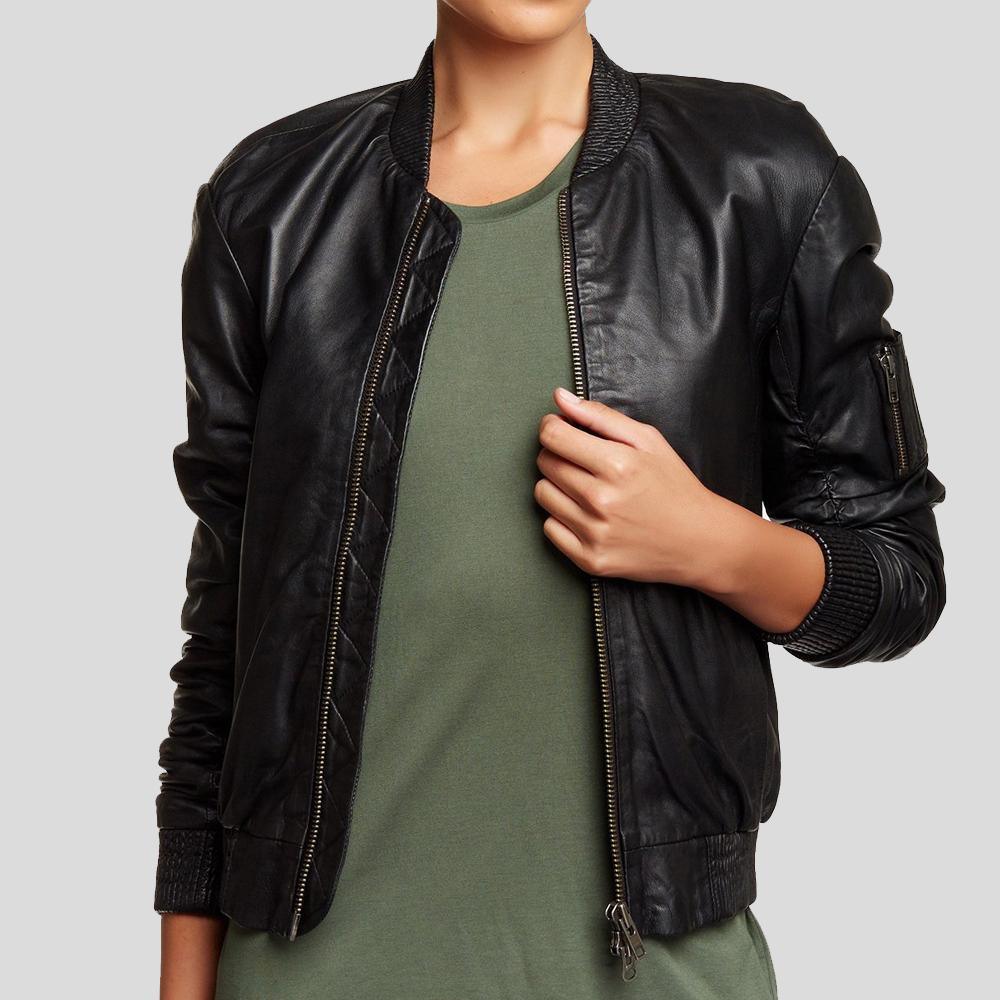 Women Halle Black Bomber Leather Jacket - Bomber Flight Leather Jackets - 100% Real Lambskin - NYCLeatherJackets