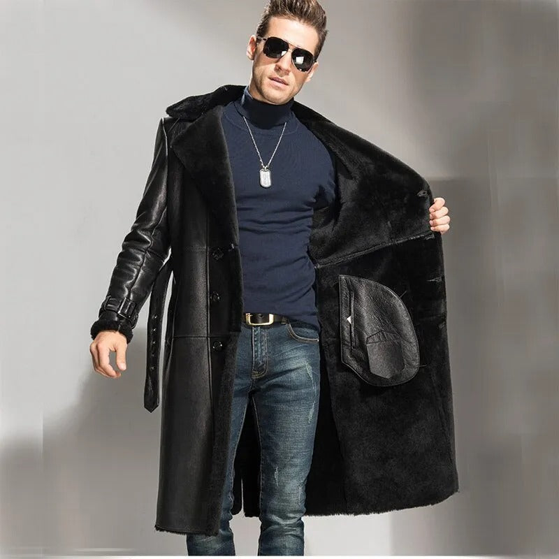 Men's Black Sheepskin Shearling Coat - Long Leather Overcoat – Leather Loom