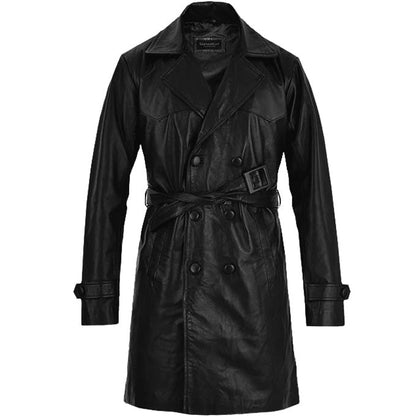 Mens Black Double Brested Leather Trench Coat - Leather Loom