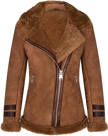 Women's Brown Sheepskin Biker Merino Shearling Aviator Leather Jacket - Leather Loom