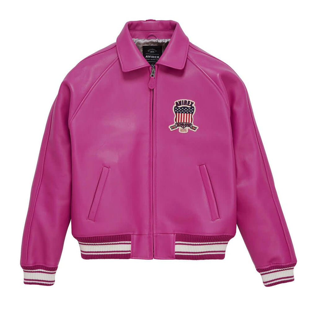 Pink Letterman Bomber Avirex Leather Jacket For Men - Leather Loom