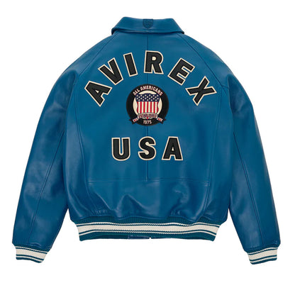 Men Teal Varsity Leather Bomber Avirex Jacket - Leather Loom