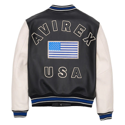 New White/Black Avirex Leather American Varsity Jacket - Leather Loom