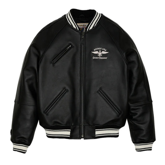 Black Striped Collar Varsity Bomber Avirex Leather Jacket - Leather Loom