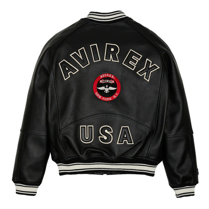 Black Striped Collar Varsity Bomber Avirex Leather Jacket - Leather Loom