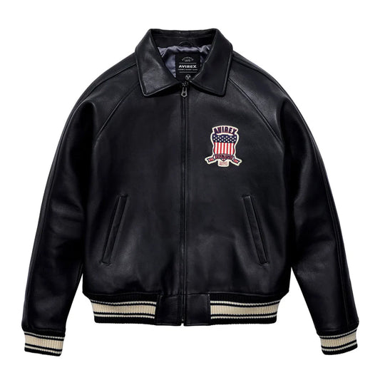 Black Varsity Bomber Letterman Avirex Leather Jacket For Men - Leather Loom