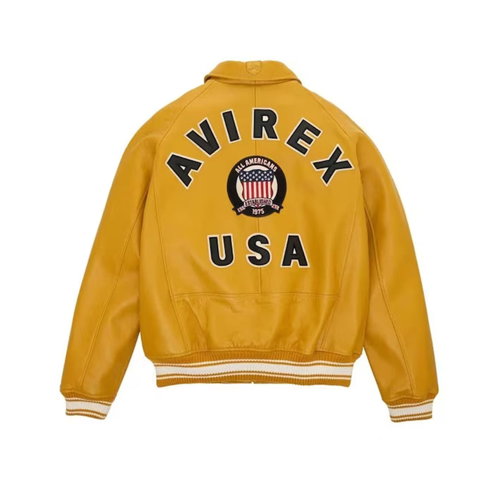 Men's New Yellow Avirex Real Bomber American Flight Leather Jacket - Leather Loom