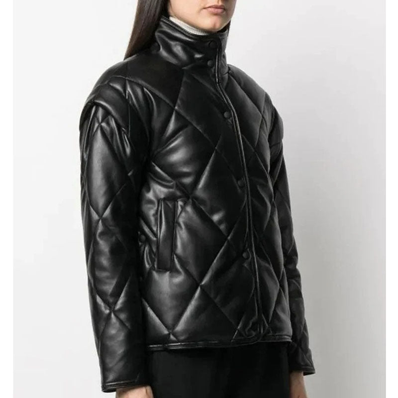 New Women Black Puffer Leather Jacket - Leather Loom