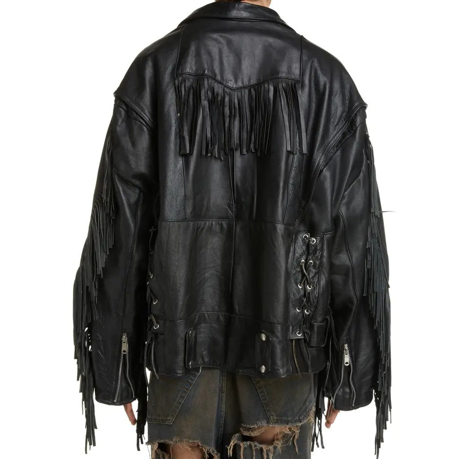 Black Leather Biker Jacket with Fringe - Leather Loom