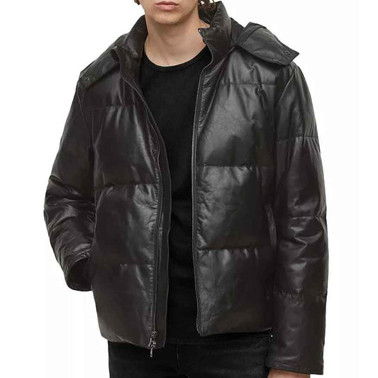 Black Leather Hooded Puffer Jacket - Leather Loom