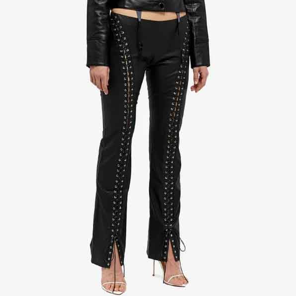 Black Leather Pant For Women with Front Laces - Leather Loom