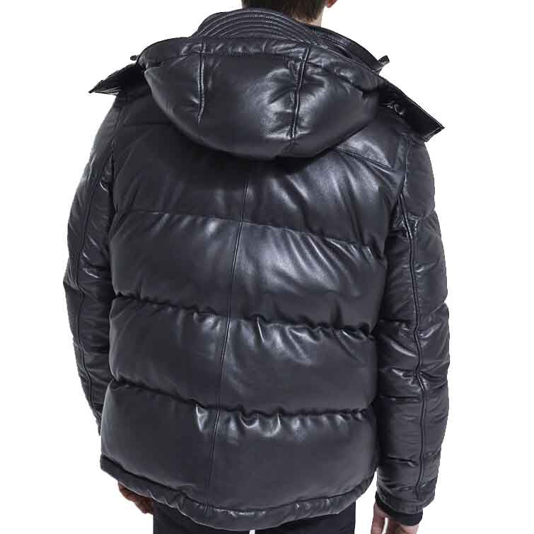 Black Leather Down Jacket With Straps - Leather Loom