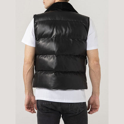 Mens Black Leather Puffer Vest - Leather Loom