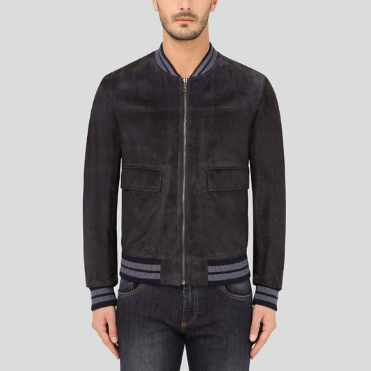 Black Suede Leather Bomber jacket for Men - Leather Loom