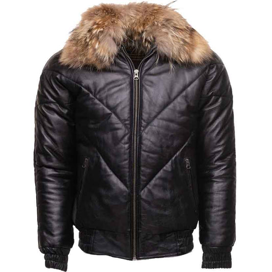 Black V-Bomber Style Puffer Winter Leather Jacket With Fur Collar - Leather Loom