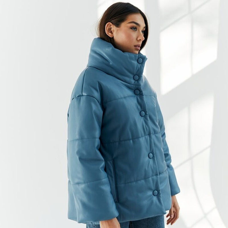 Blue Leather Puffer Jacket for Women - Leather Loom