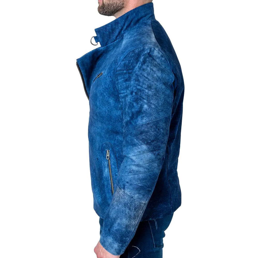 Blue Suede Leather Motorcycle Jacket For Men - Leather Loom