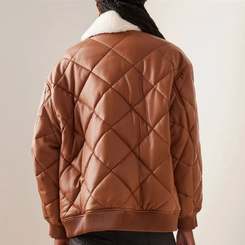 Womens Brown Puffer Leather Bomber Jacket in Fur Collar with Stylish Quilted - Leather Loom