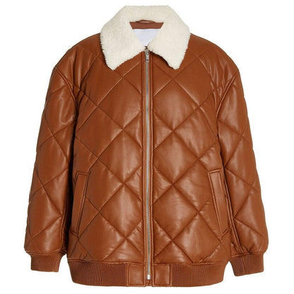 Womens Brown Puffer Leather Bomber Jacket in Fur Collar with Stylish Quilted - Leather Loom