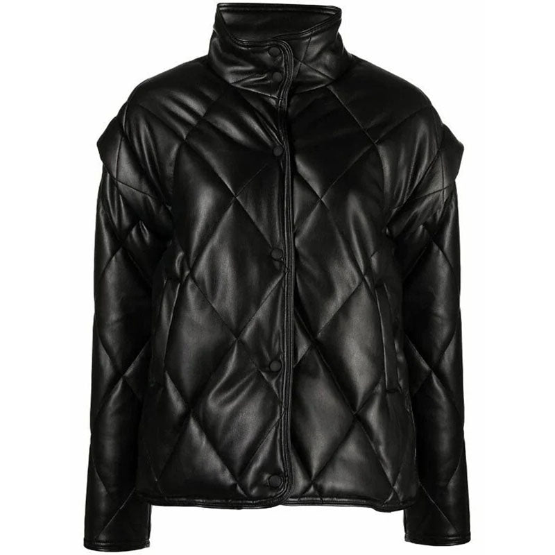 New Women Black Puffer Leather Jacket - Leather Loom