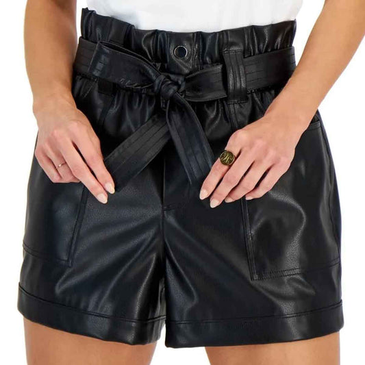 Womens High Waisted Belted Black Leather Shorts - Leather Loom