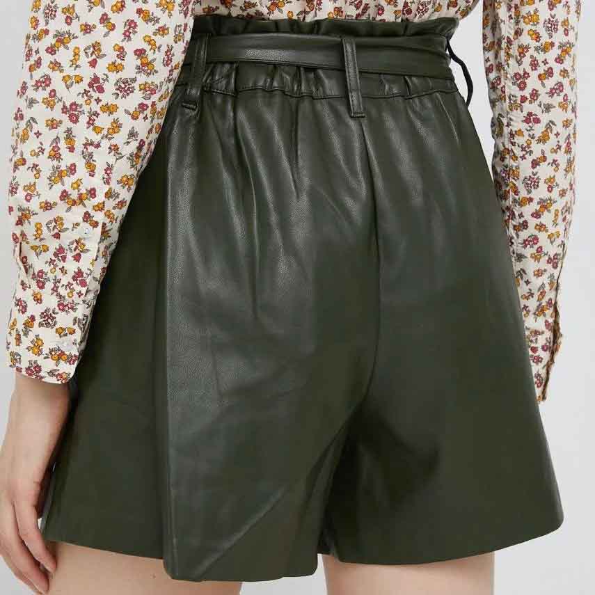 Womens High Waist Green Leather Shorts with Tie - Leather Loom