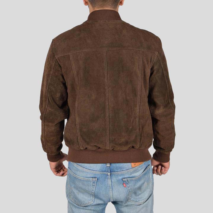 Mens Chocolate Brown Suede Leather Bomber Jacket - Leather Loom