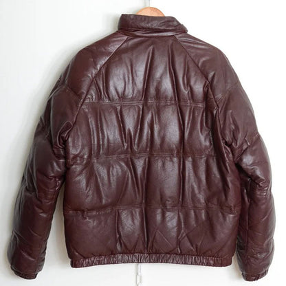 Womens Brown Down Filled Bomber Leather Puffer Jacket - Leather Loom