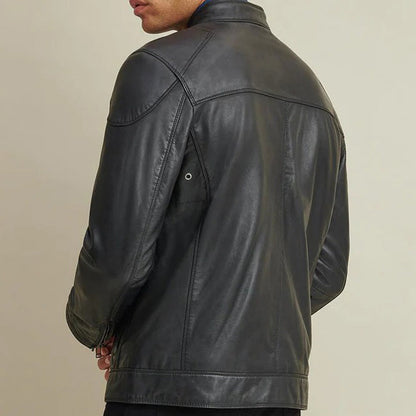 Genuine Leather Biker Jacket with Shoulder Patches - Leather Loom