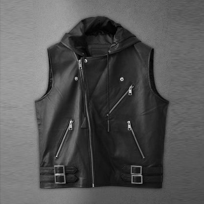 Men's Black Asymmetrical Biker MC Club Leather Hooded Vest - Leather Loom