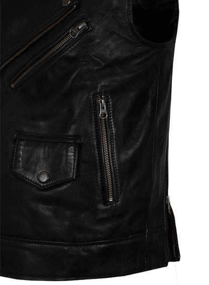 Mens Classic Black Leather Motorcycle Biker Vest - Leather Loom