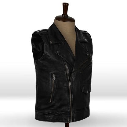 Mens Classic Black Leather Motorcycle Biker Vest - Leather Loom