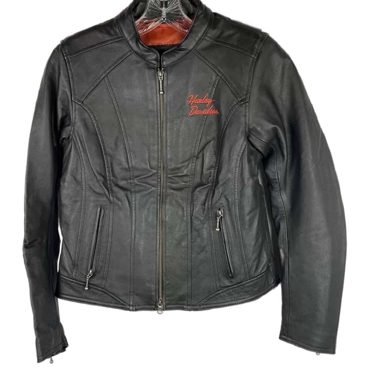 Harley Davidson Black Orange Logo Leather Jacket - Leather Loom