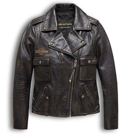 Women Harley Davidson Distressed Leather Biker Jacket - Leather Loom