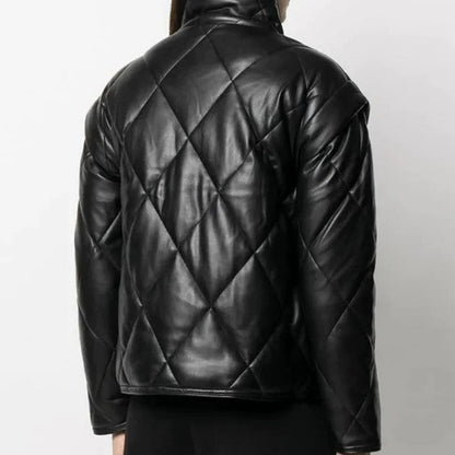 New Women Black Puffer Leather Jacket - Leather Loom