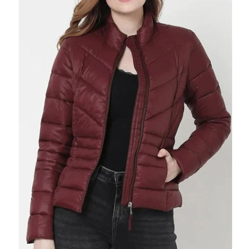 Womens Maroon Puffer Leather Jacket - Leather Loom