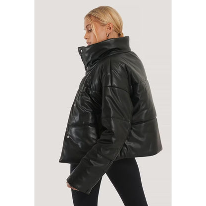 Women Black Leather Padded Jacket - Leather Loom