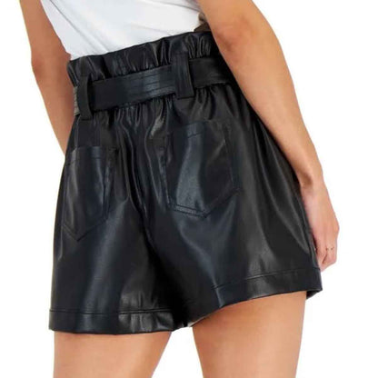 Womens High Waisted Belted Black Leather Shorts - Leather Loom