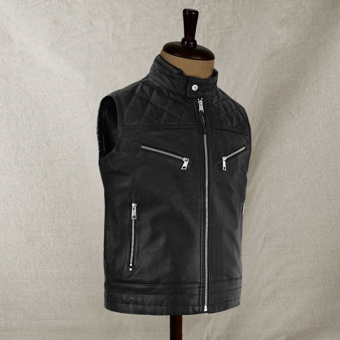 Top Quality Men's Genuine Leather Biker Vest Black - Leather Loom