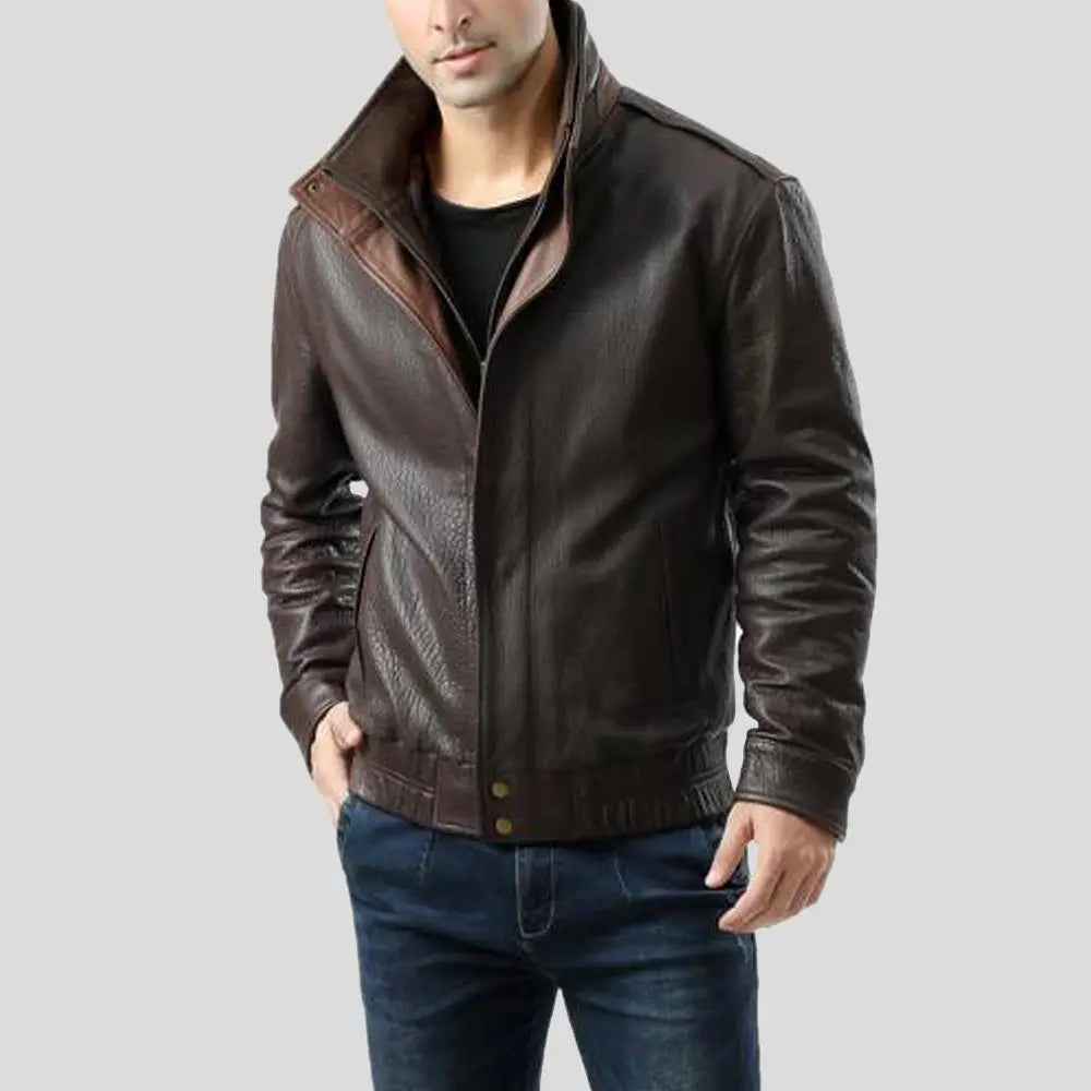 Men's Check Brown Bomber Leather Jacket - Leather Loom