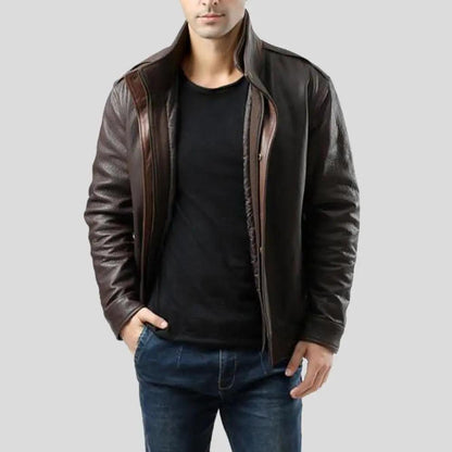 Men's Check Brown Bomber Leather Jacket - Leather Loom