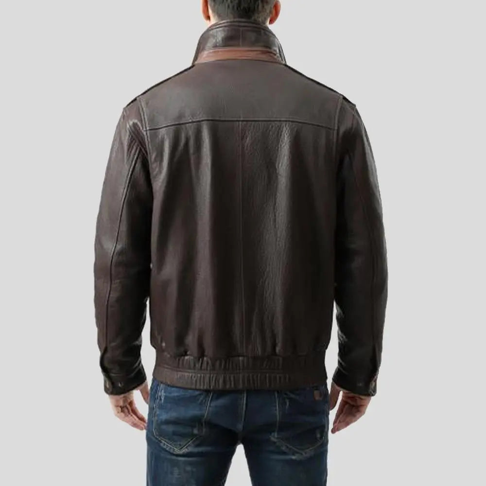 Men's Check Brown Bomber Leather Jacket - Leather Loom