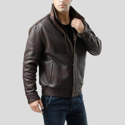 Men's Check Brown Bomber Leather Jacket - Leather Loom