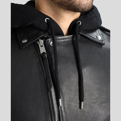 Men's Lupe Black Removable Hooded Leather Jacket - Leather Loom