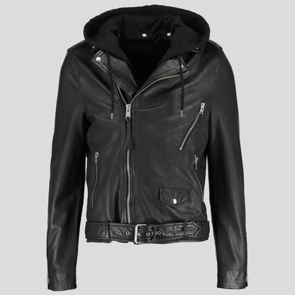 Lupe Black Removable Hooded Leather Jacket for Men.