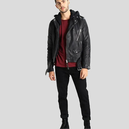 Men's Lupe Black Removable Hooded Leather Jacket - Leather Loom