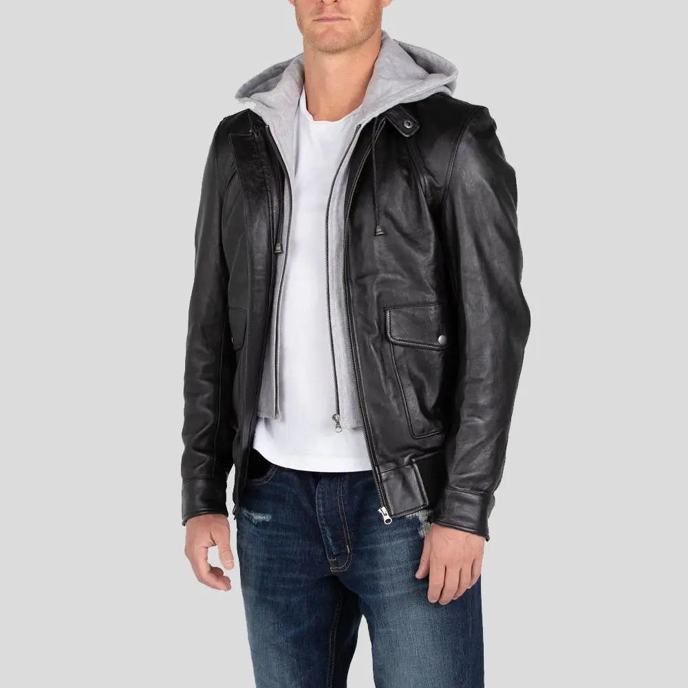 Men's Marc Black Removable Hooded Leather Jacket - Leather Loom