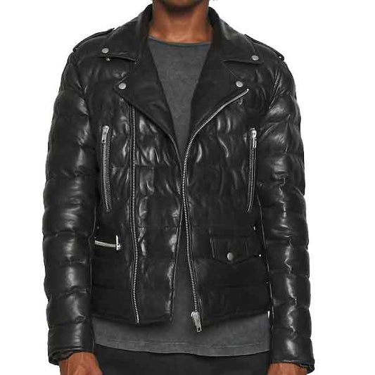 Mens Biker Style leather Puffer Jacket - Leather Loom